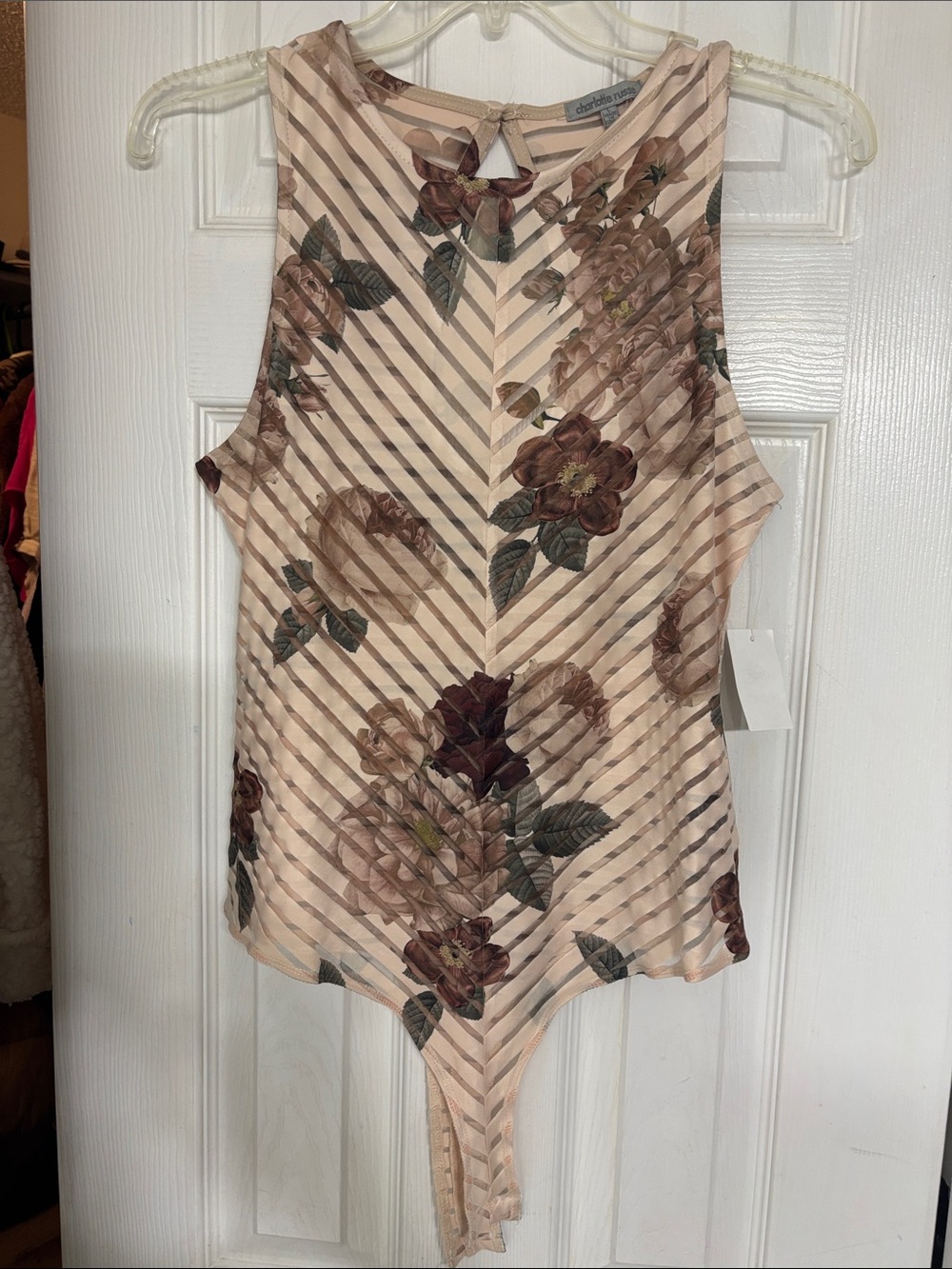 Charlotte Russe Beige Blush Striped Floral Sleeveless Bodysuit